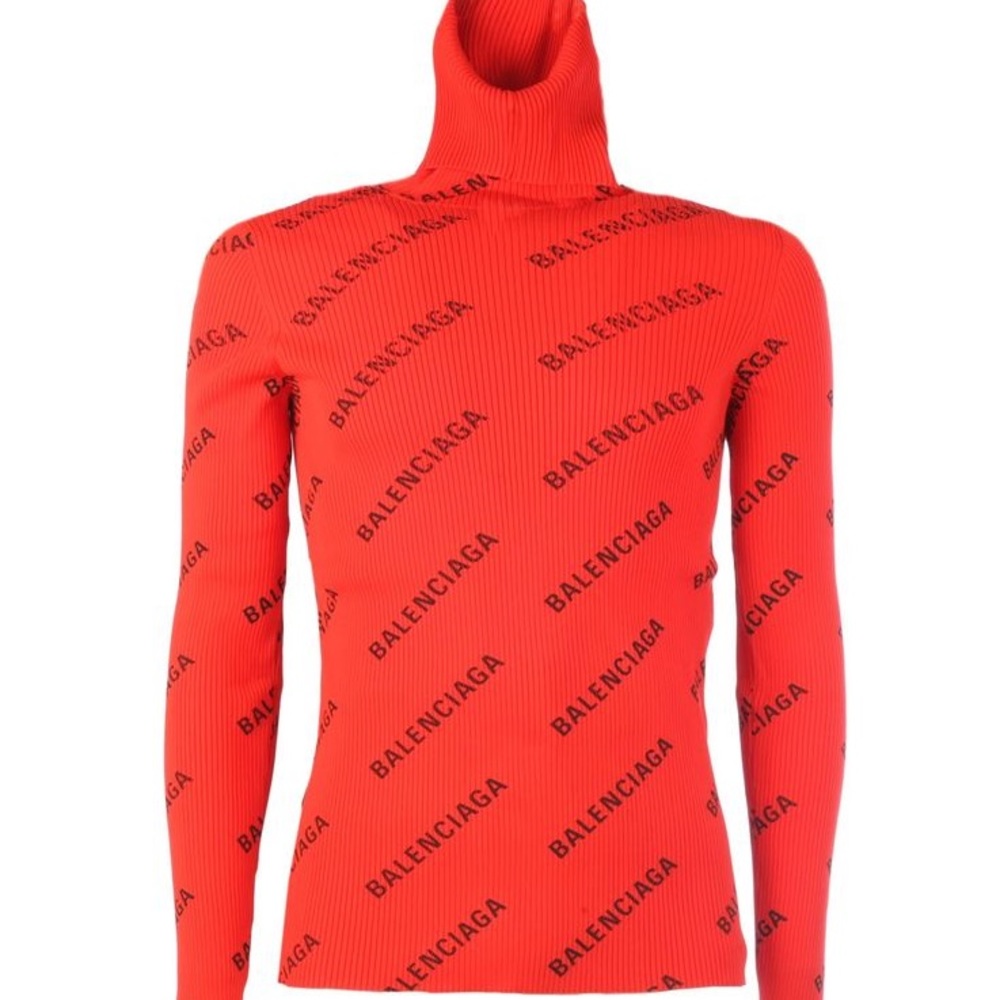 Authentic Balenciaga rib-knit logos intarsia sweater in red